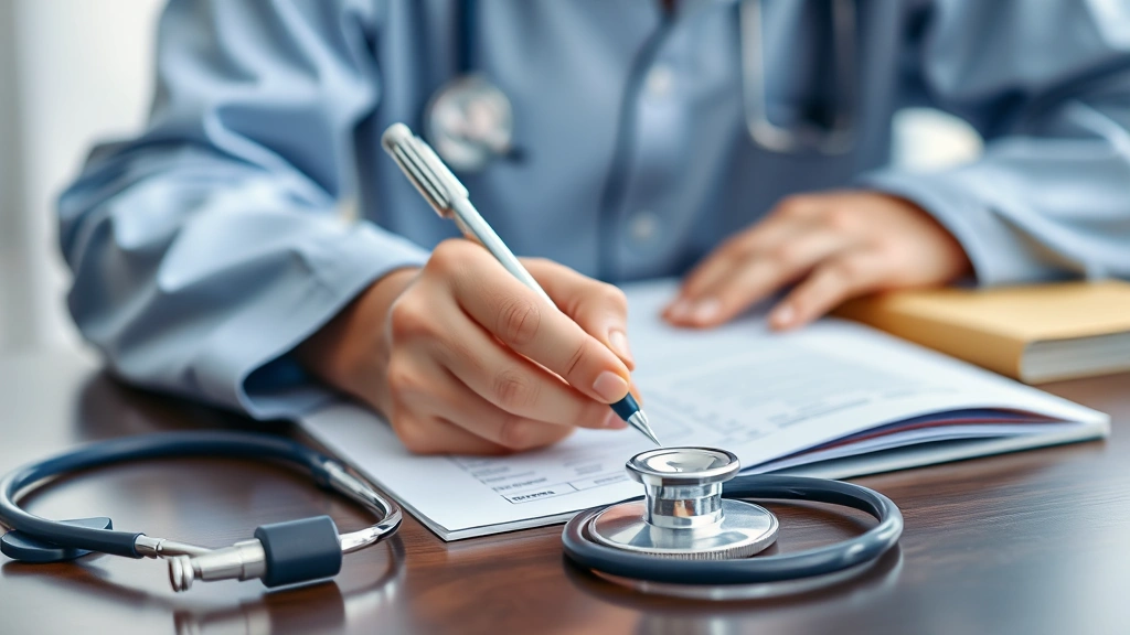 Healthcare provider writing medical document at desk with patient file and stethoscope visible