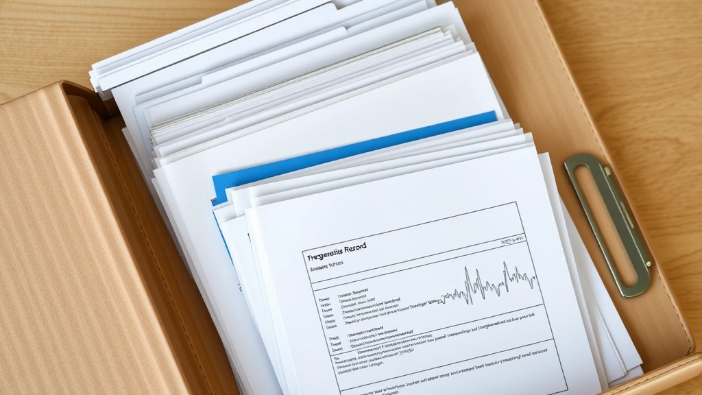 Organized medical documents folder containing diagnostic reports and treatment records neatly arranged