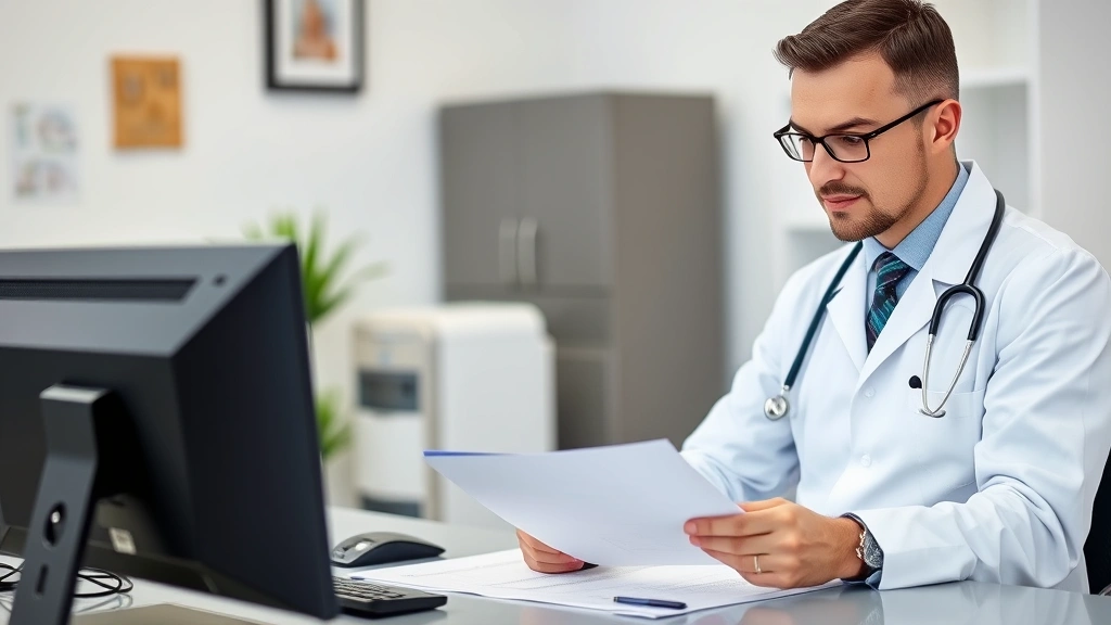 Licensed physician in white coat reviewing medical documents at desk with stethoscope and computer, professional healthcare o
