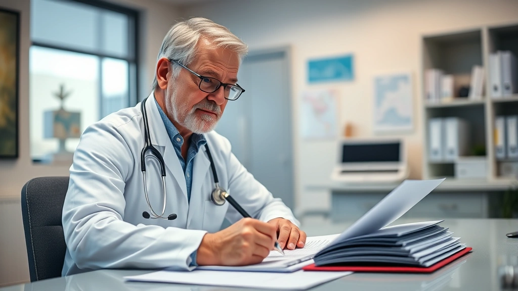 Mature healthcare provider writing notes at desk with patient file, warm clinic office lighting, professional medical documen