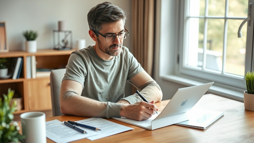 Person sitting at home desk writing letter with medical documents beside them, natural window light, supportive focused expre