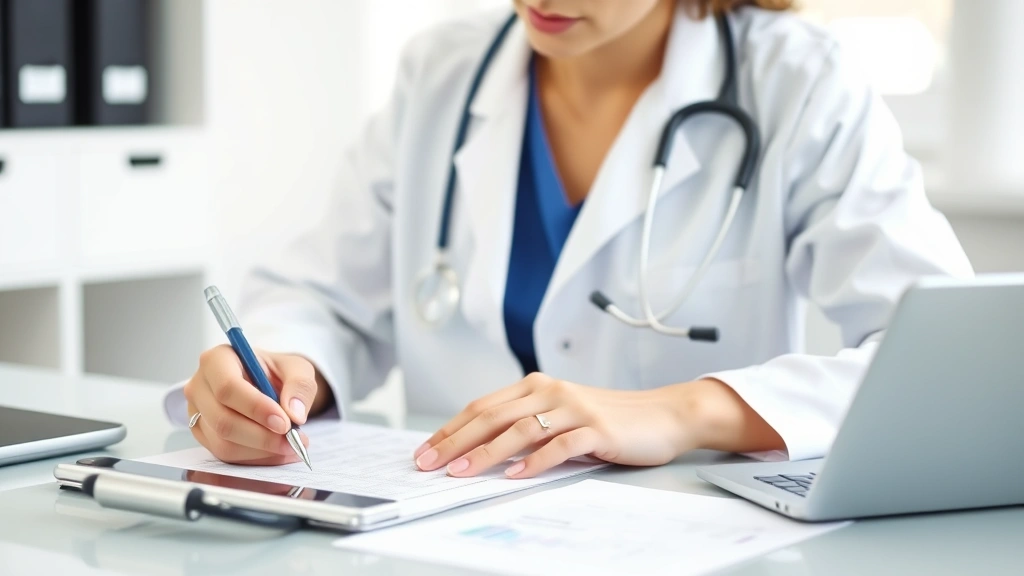 Healthcare professional in white coat writing medical documentation at desk with stethoscope and tablet nearby