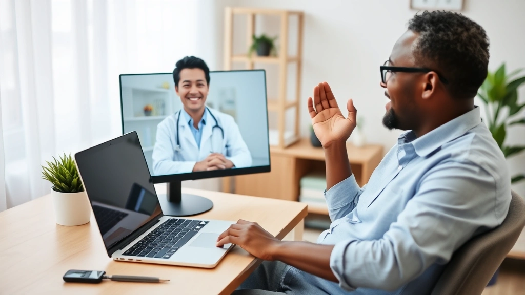 Diverse patient sitting at home office during video consultation with doctor on laptop screen, looking relieved
