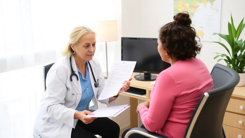 Healthcare provider reviewing medical documents with patient sitting at desk discussing accommodation needs