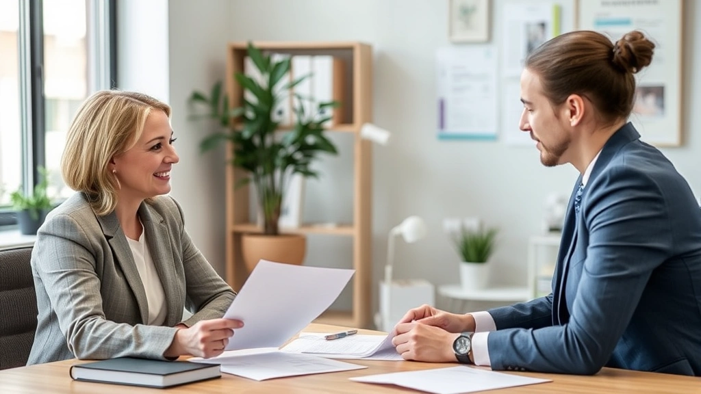 Fair housing attorney or counselor reviewing paperwork with client in professional office setting