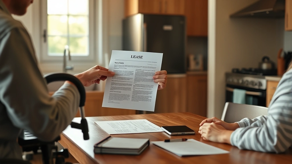 Person with mobility device reviewing apartment lease document at kitchen table with healthcare provider consultation notes n