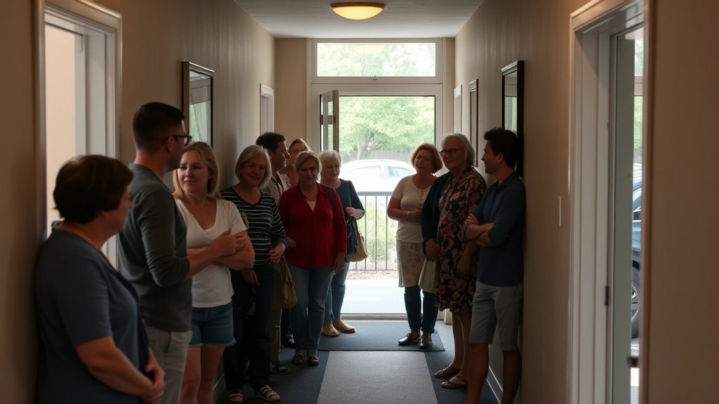 Diverse group of people in accessible apartment hallway with ground floor entrance, accessible parking space visible through