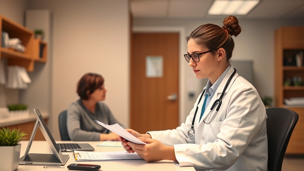 Professional healthcare provider in white coat reviewing medical documents at desk with patient sitting across, warm clinic l