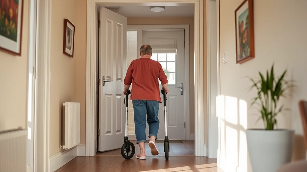 Person with mobility aid entering accessible ground floor apartment with wide doorway, natural light, professional interior d