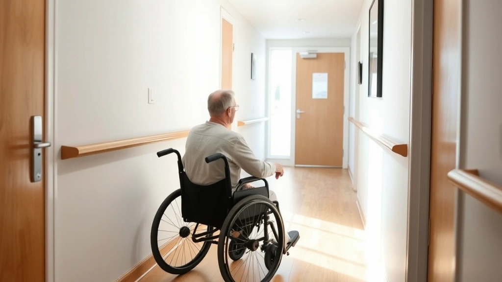 Person in wheelchair in accessible apartment hallway with grab bars and wide doorways, natural lighting, calm professional se