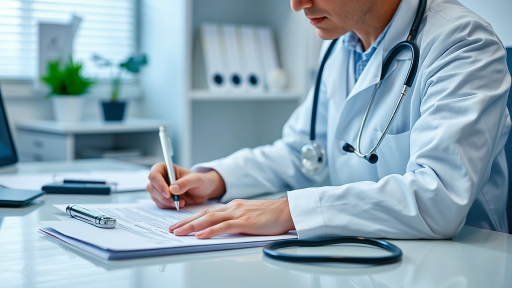 Doctor writing medical documentation at desk with stethoscope, healthcare provider in clinical office, focused on paperwork
