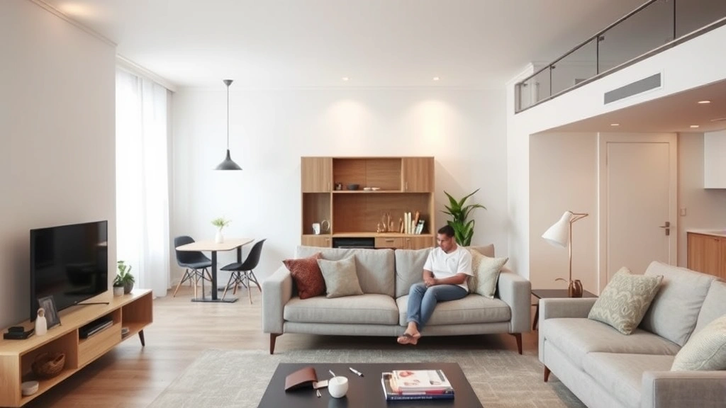 Modern apartment living room with accessible features, lowered light switches, open floor plan, person sitting comfortably on