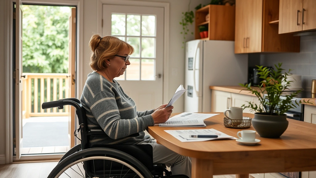 Woman in wheelchair reviewing documents at kitchen table in accessible ground floor apartment with ramp visible through windo
