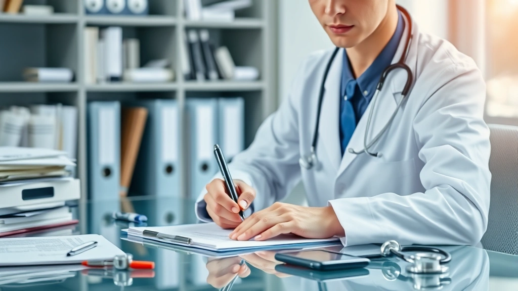 Healthcare provider writing letter at desk with medical files and stethoscope in background