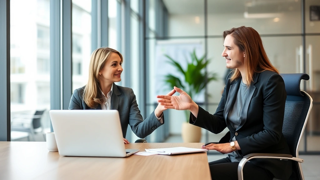 Professional woman with mobility aid consulting with HR manager at modern office desk discussing accommodation options