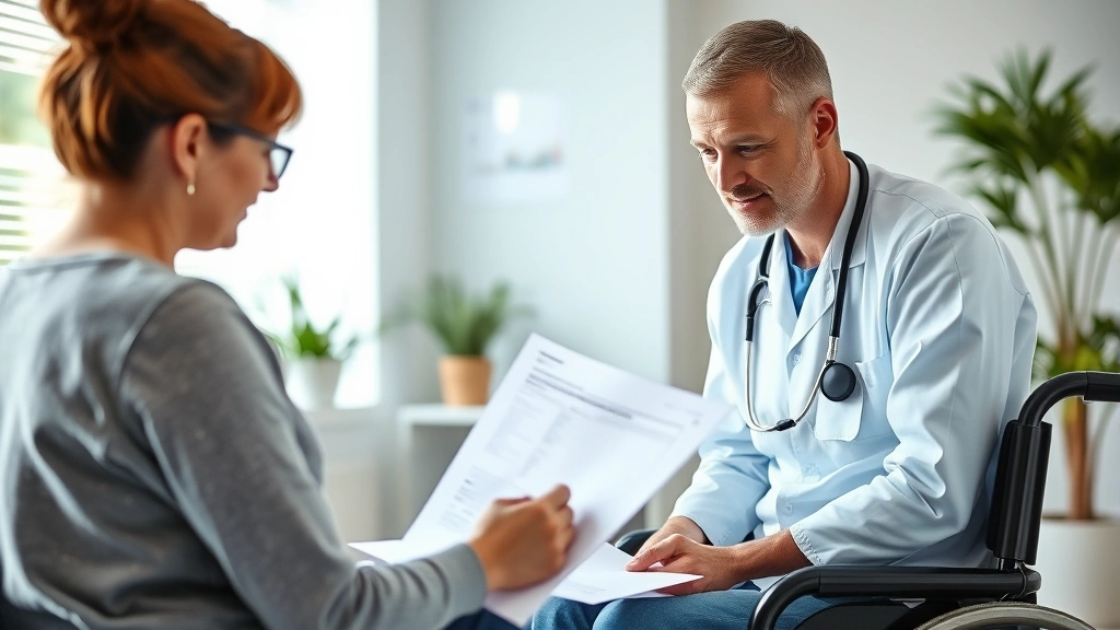 Person with disability reviewing housing documents with healthcare provider in bright clinical office setting