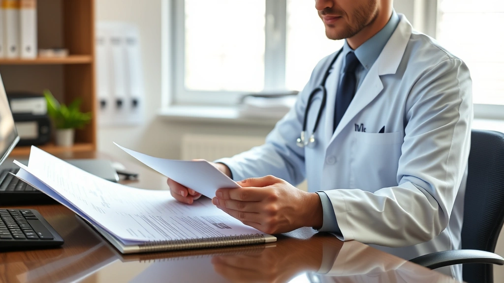 Doctor reviewing medical documents at desk with patient file, professional healthcare setting, natural lighting