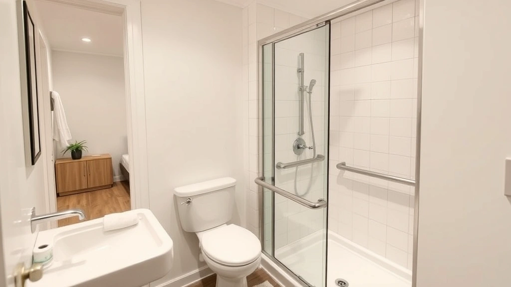 Accessible bathroom with grab bars and roll-in shower, modern apartment interior, bright and clean