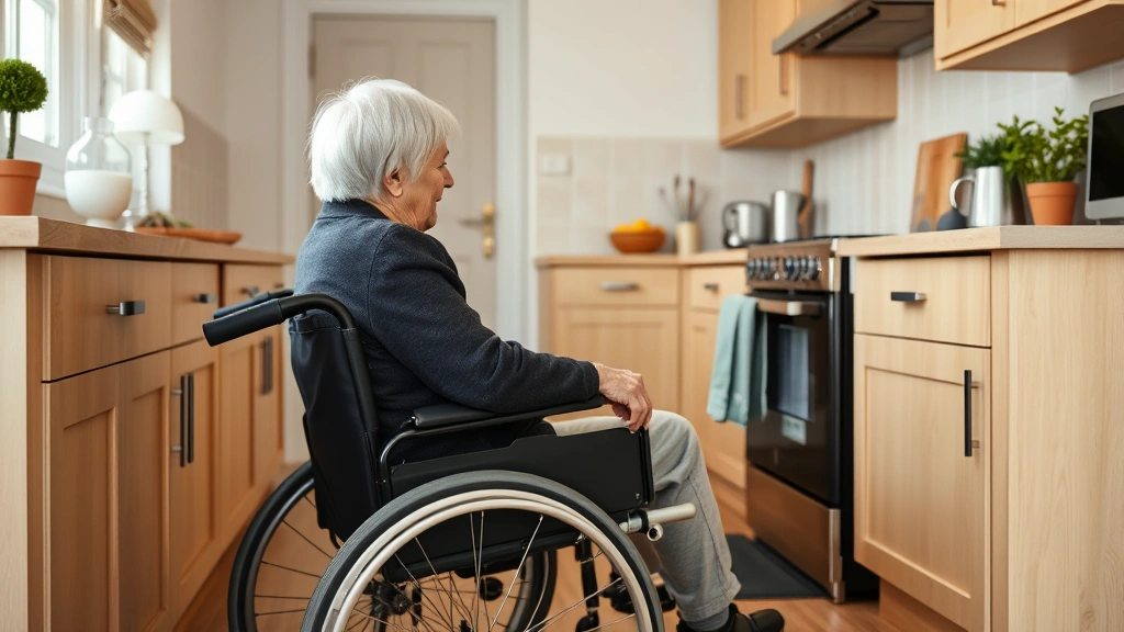 Senior woman using wheelchair in accessible kitchen with lowered counters and accessible appliances