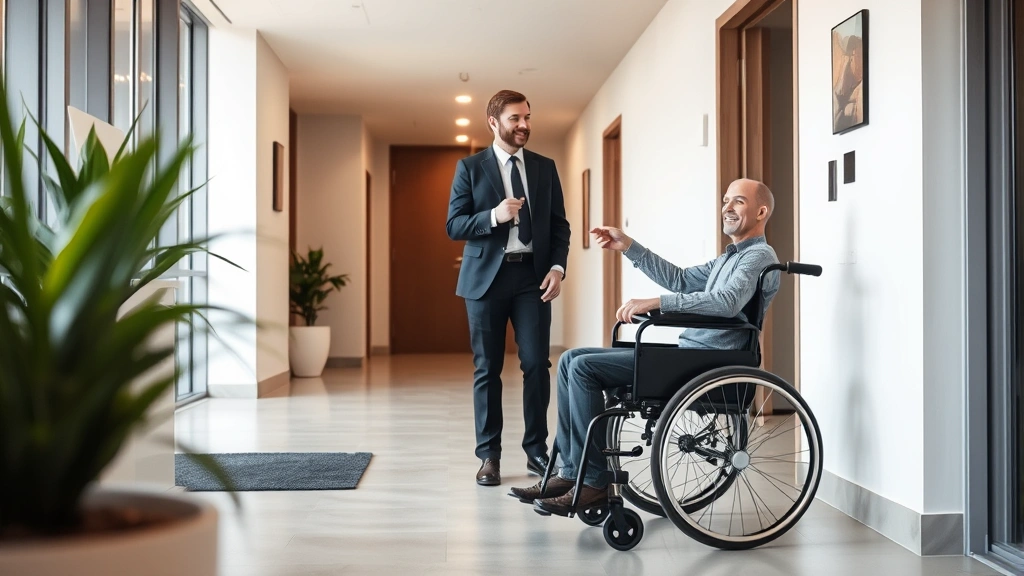 Person in wheelchair receiving keys from property manager in modern apartment lobby, professional setting, natural lighting,
