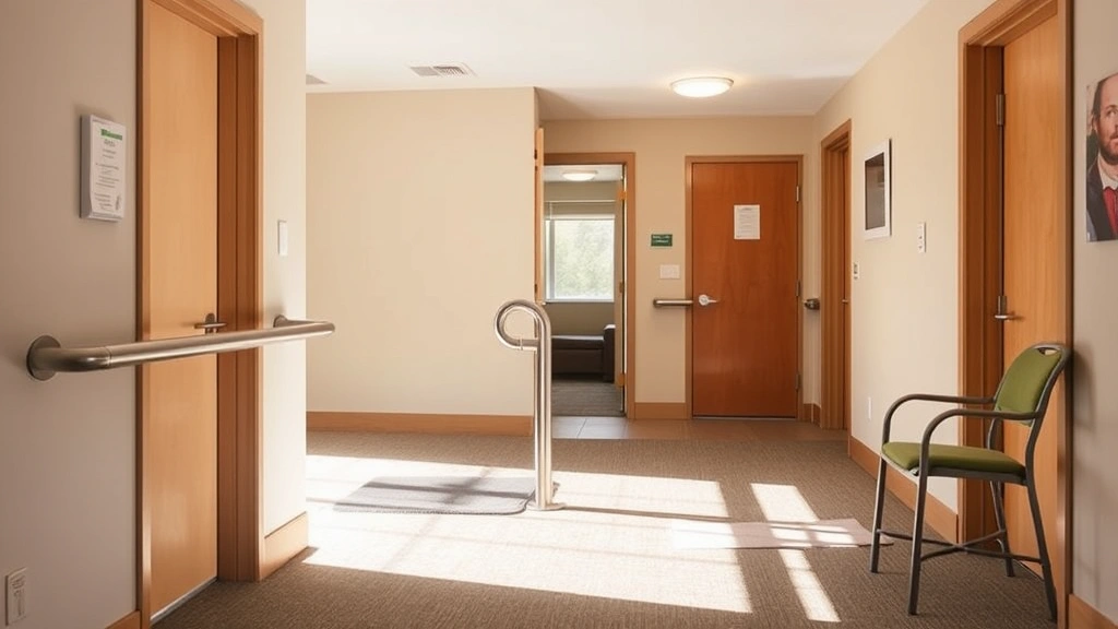 Accessible apartment features including grab bars, ramp entrance, and open floor plan, bright daylight, inclusive design elem