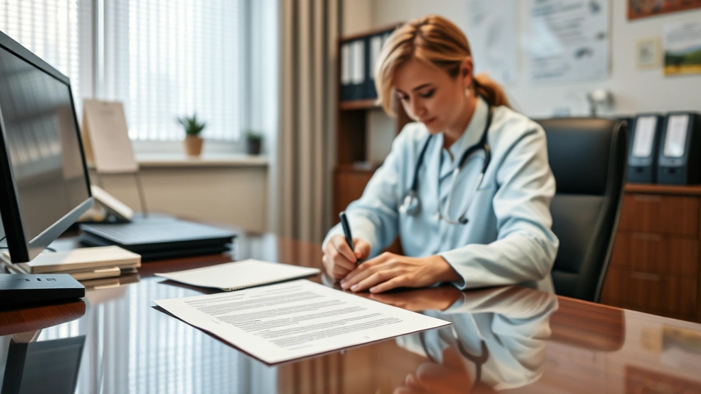 Healthcare provider writing accommodation letter at desk, professional office environment, paperwork and medical credential v