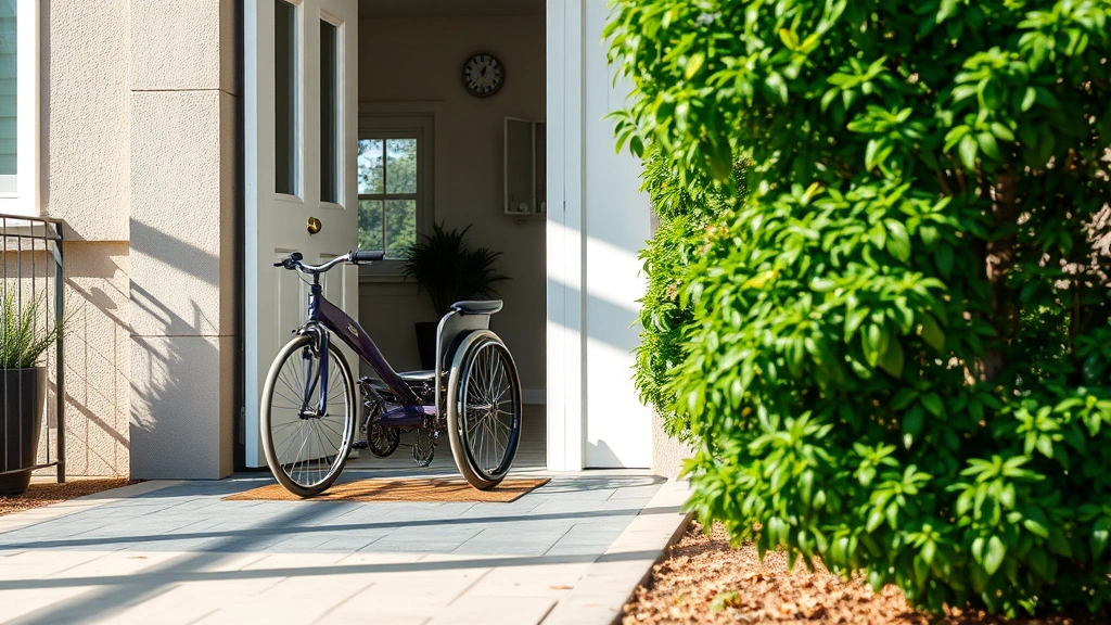 Person in wheelchair at accessible apartment entrance with ramp and wide doorway, natural daylight