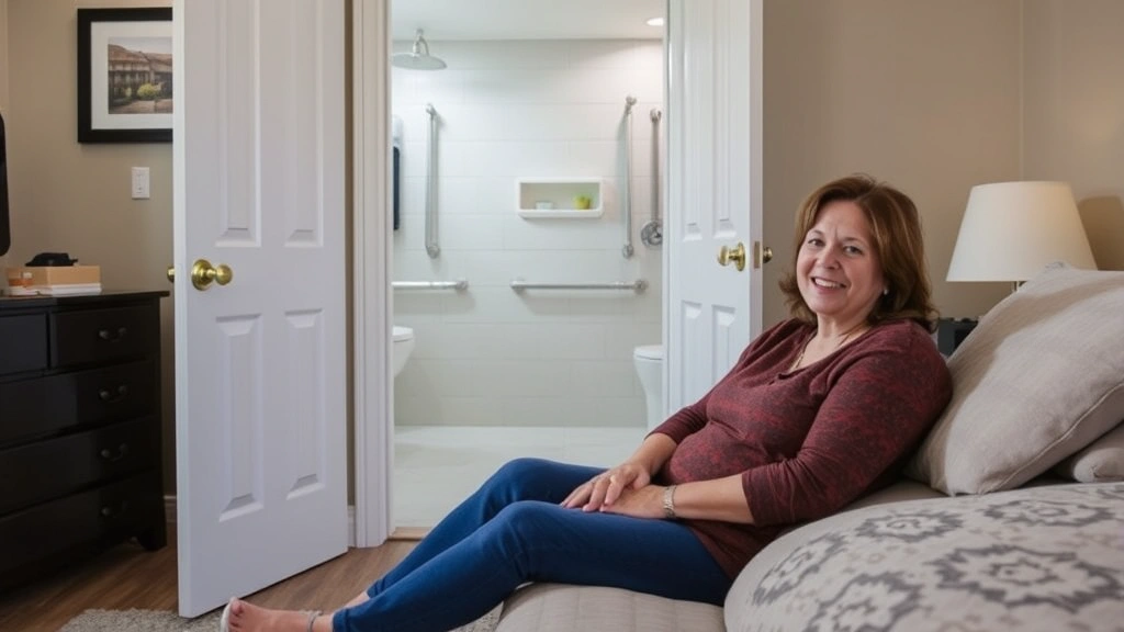 Woman sitting comfortably in ground floor bedroom with grab bars in accessible bathroom visible through doorway