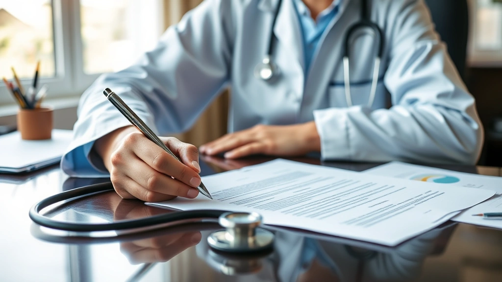 Healthcare provider at desk writing accommodation letter with stethoscope and medical documents visible