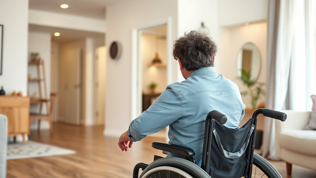 Diverse person in wheelchair touring accessible apartment with open floor plan, natural lighting, and accessible bathroom vis
