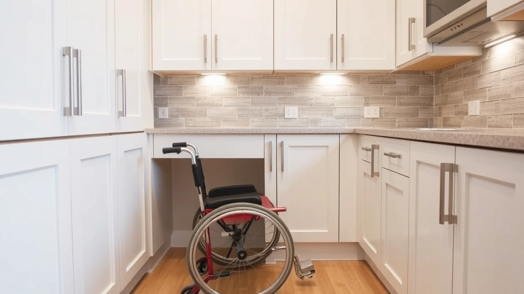 Close up of accessible kitchen with lowered cabinets, lever door handles, and wheelchair clearance space under counter