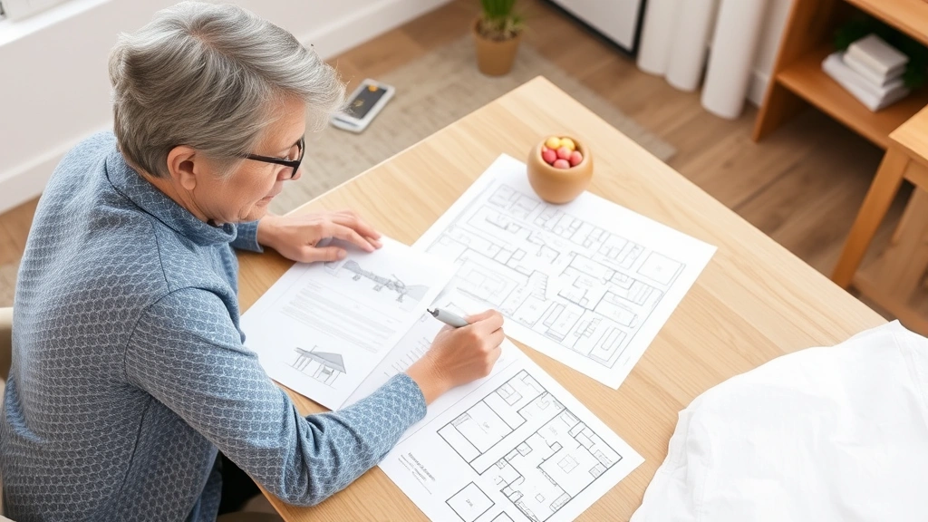 Occupational therapist and client reviewing accessible housing checklist and floor plans at table with architectural drawings