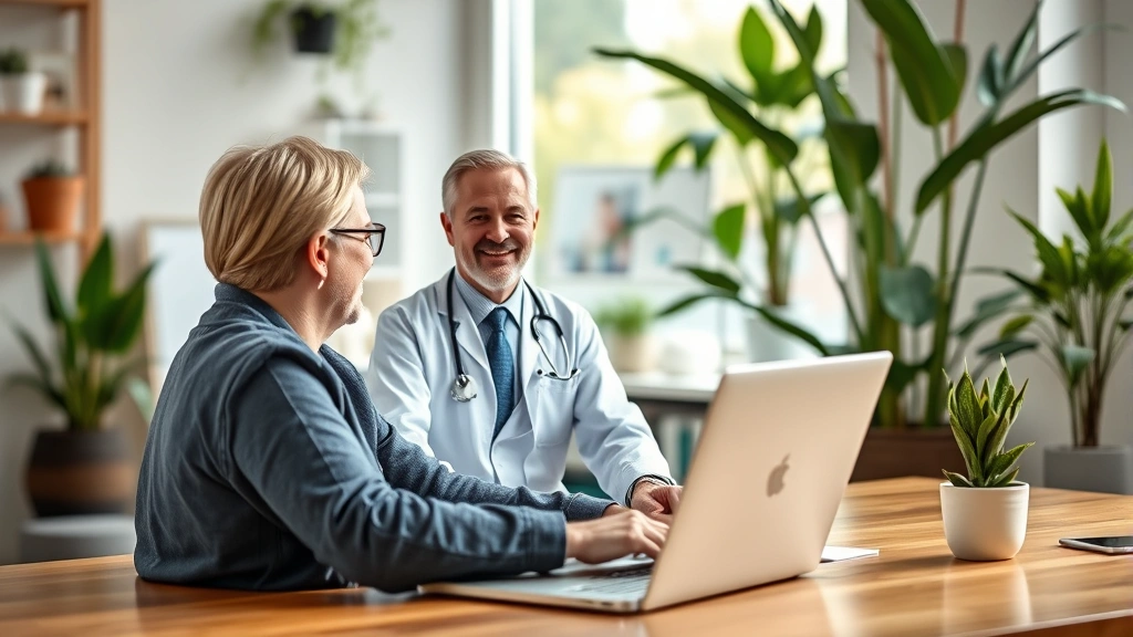 Person on laptop video call with healthcare provider, warm home office setting with plants, natural lighting, professional co