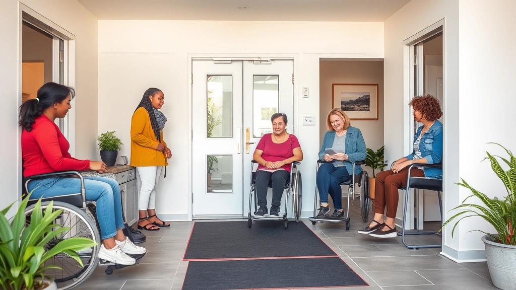 Diverse individuals in accessible apartment units, ground floor entrance with ramp, modern accessible design, inclusive livin