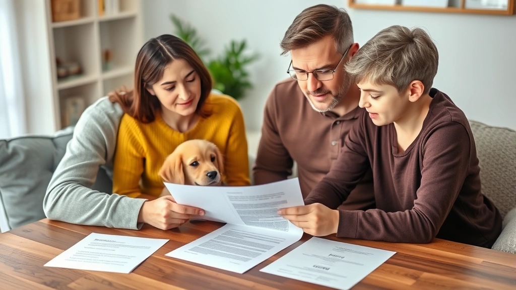 Family reviewing documents at home with emotional support animal, supportive environment, paperwork and letter on table, calm