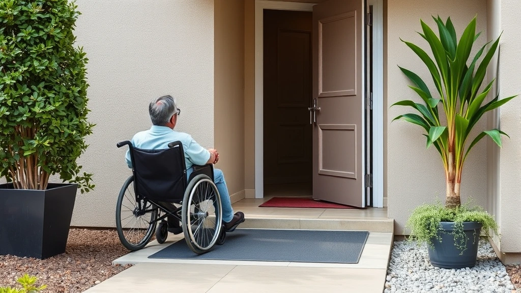 Person in wheelchair entering accessible ground floor apartment with modern entryway and ramp