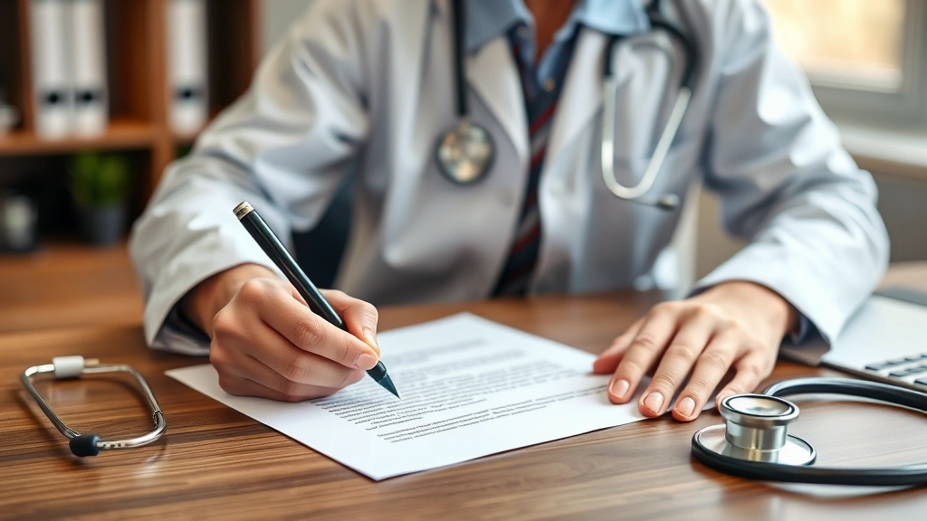 Healthcare provider writing medical accommodation letter at desk with professional stethoscope nearby