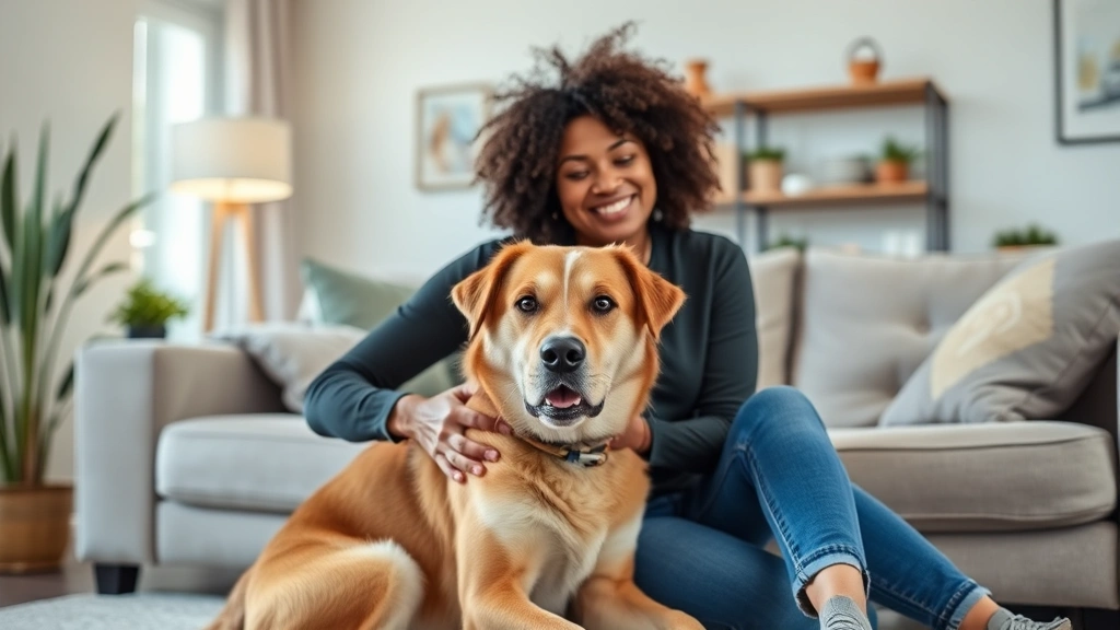 diverse individual sitting peacefully with emotional support dog in bright apartment living room showing therapeutic bond and