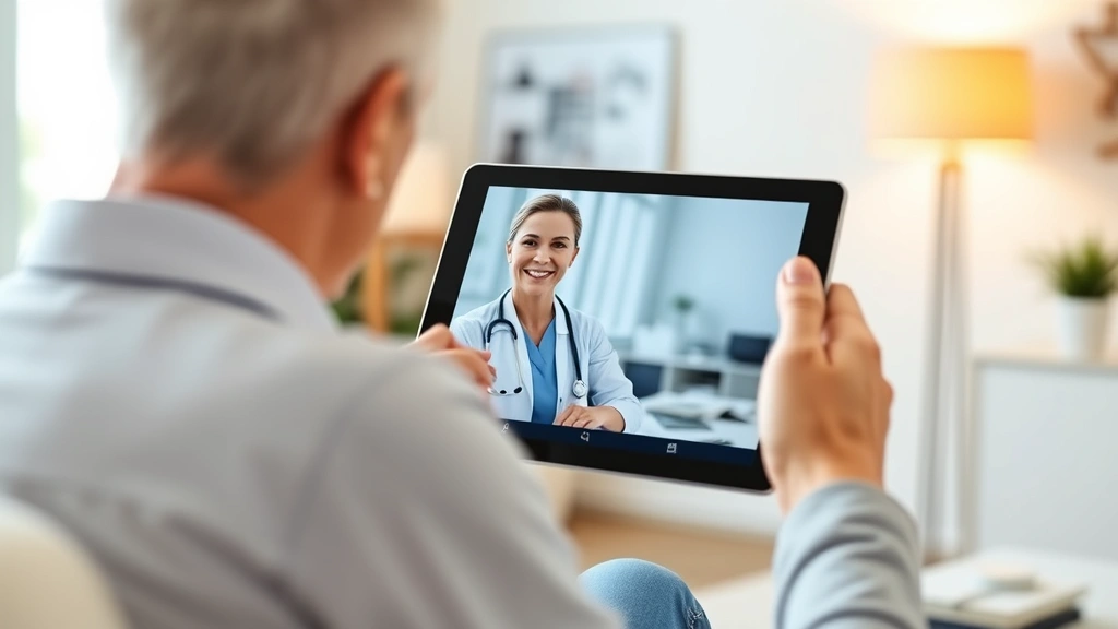Person on video call with healthcare provider on tablet, home office setting, warm lighting, professional consultation appear