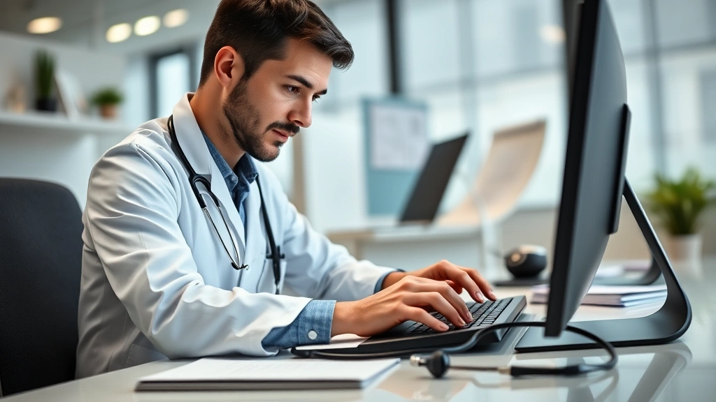 Medical professional typing on computer with stethoscope nearby, focused expression, documentation being created, modern heal
