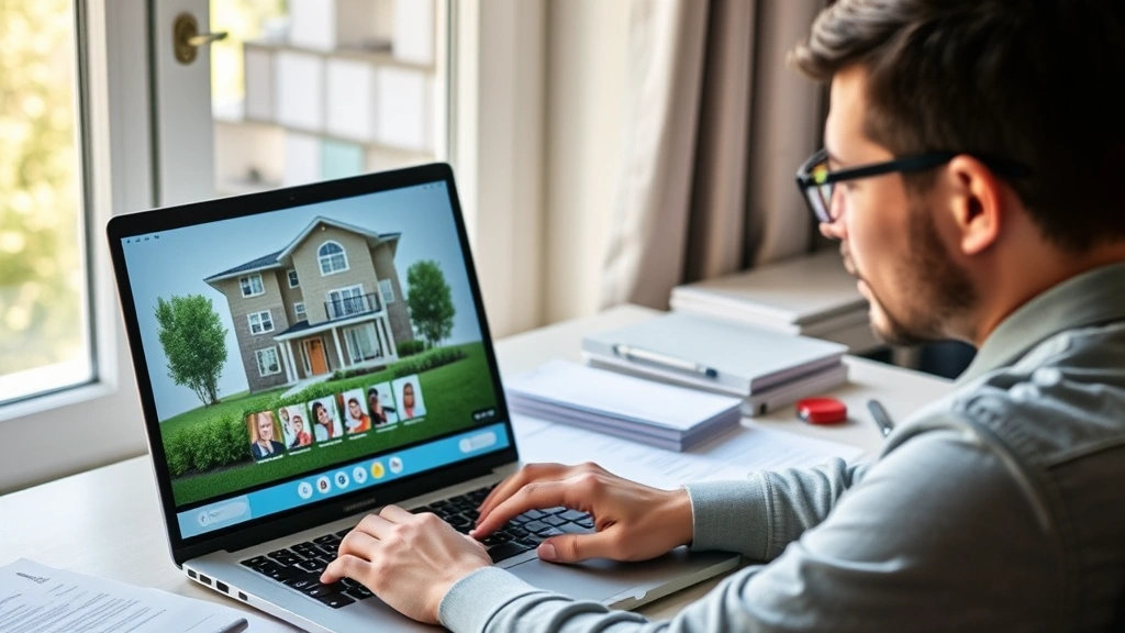 Individual reviewing housing documents at desk with laptop showing telehealth video, satisfied expression, organized paperwor