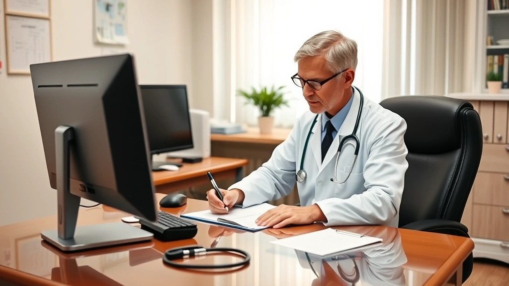 Healthcare provider in white coat writing medical documentation at desk with stethoscope and computer, professional medical o