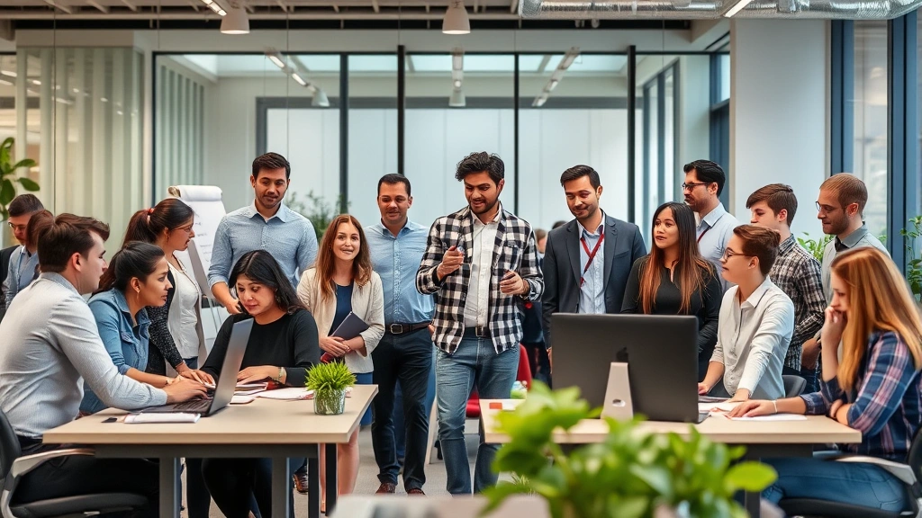 Diverse group of people in modern office setting, some working at desks and others collaborating, representing workplace acco