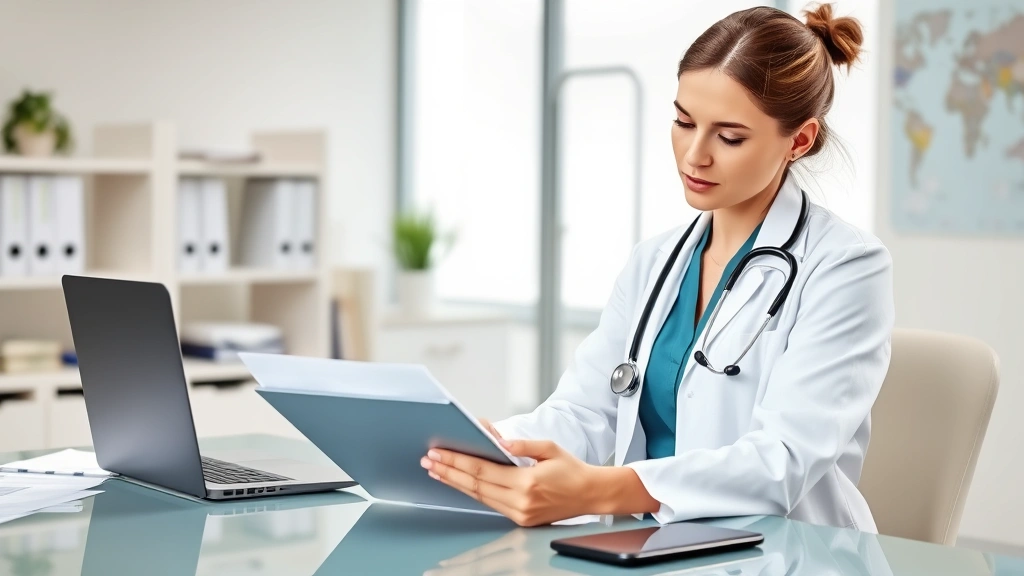 Diverse female doctor in white coat reviewing documents at desk with stethoscope and tablet, professional medical office sett