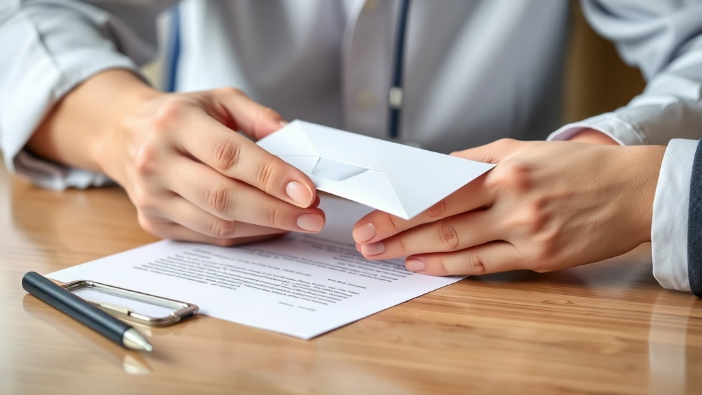 Closeup of professional hands exchanging sealed medical envelope with official letterhead on desk with pen