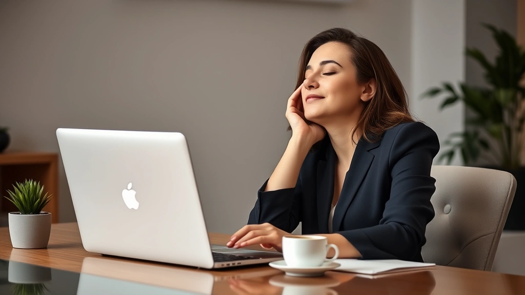 Professional woman at laptop looking relieved and resting, with coffee cup and plant on desk, calm office environment