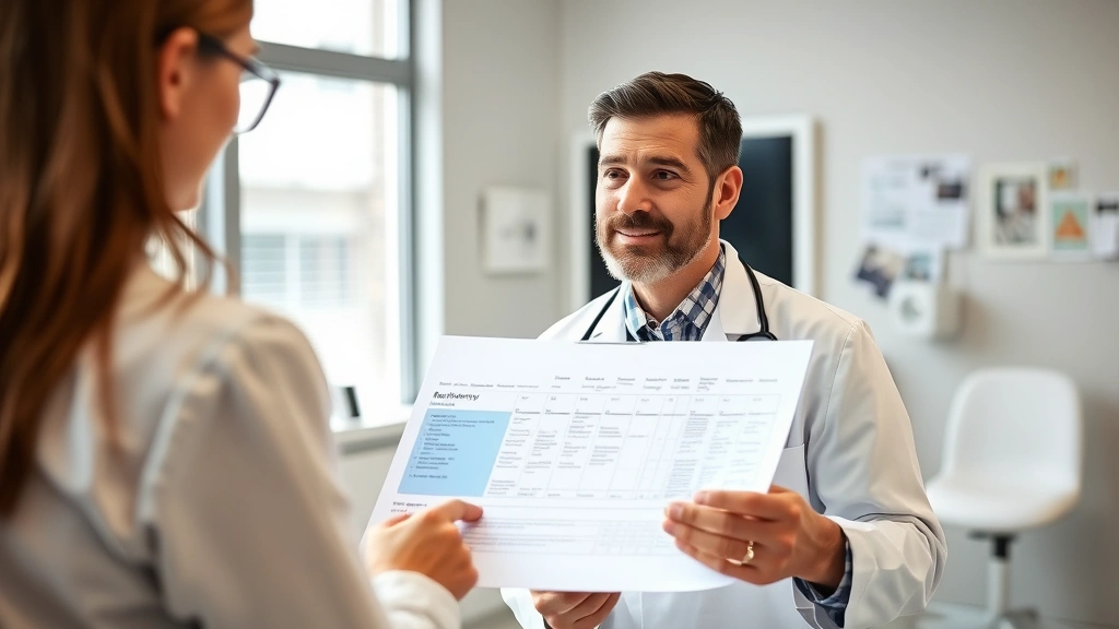 Doctor reviewing surgical recovery timeline with patient in modern medical office, both looking at clipboard, warm natural li