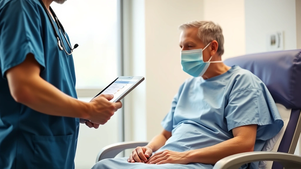 Surgeon in scrubs holding tablet showing post-operative care instructions to patient in hospital gown, compassionate supporti