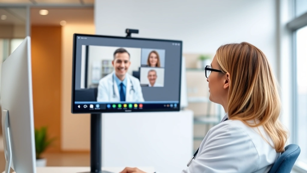 Professional healthcare provider in white coat having a virtual consultation with patient on computer screen, modern medical