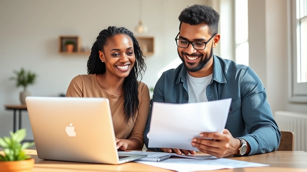 Smiling diverse couple reviewing apartment documents together at a table with a laptop, natural daylight, positive atmosphere